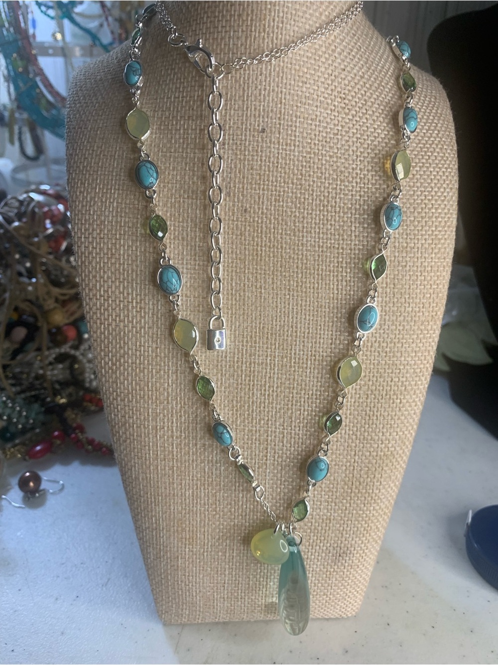 Chaps Silver-Tone Necklace with Faux Turquoise and Lime Green Beads